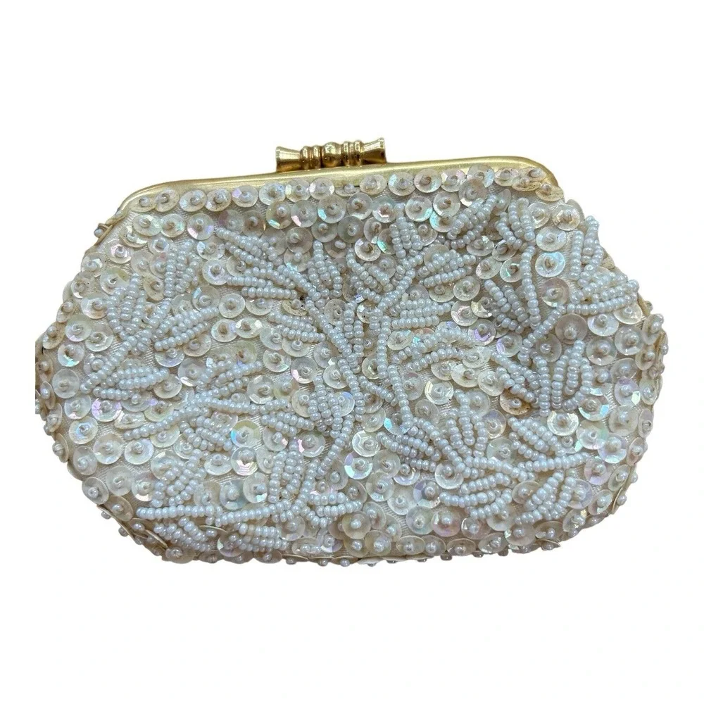 Vintage White Hand Made Beaded Sequin Evening Purse Clutch Hong‎ Kong Emson